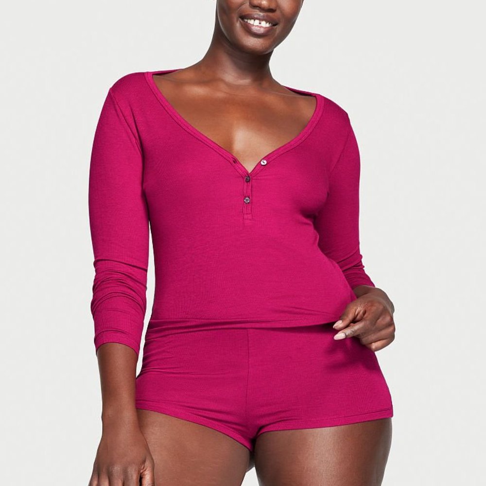 L VS Ribbed Modal Henley Short Pajama Set NWT Claret Red Comfy Great Gift!